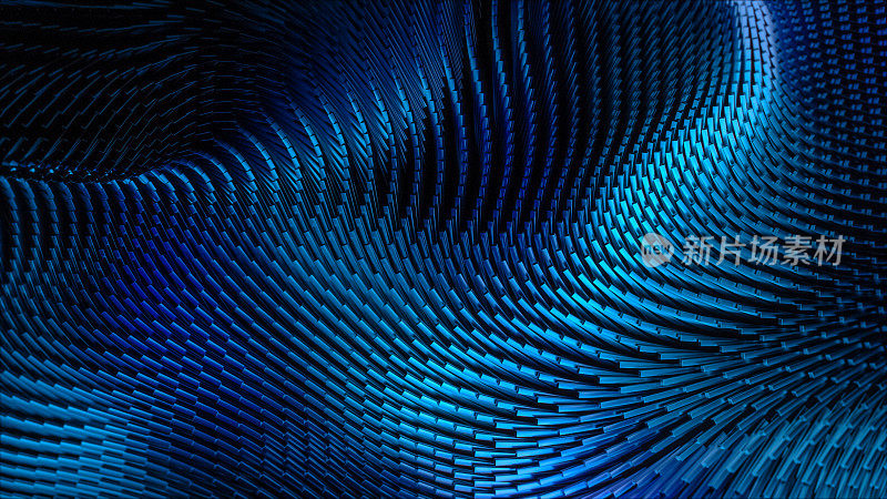 催眠技术抽象概念:蓝色金属茎线在波浪中移动的数字森林。未来的可视化，先进的技术，时尚的几何结构。VFX 3D图形渲染